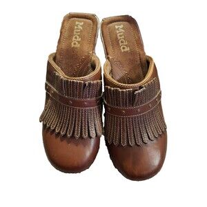 MUDD Retro Y2K Vintage‎ 90s Fringe Cognac Brown Clog sz. 10.5